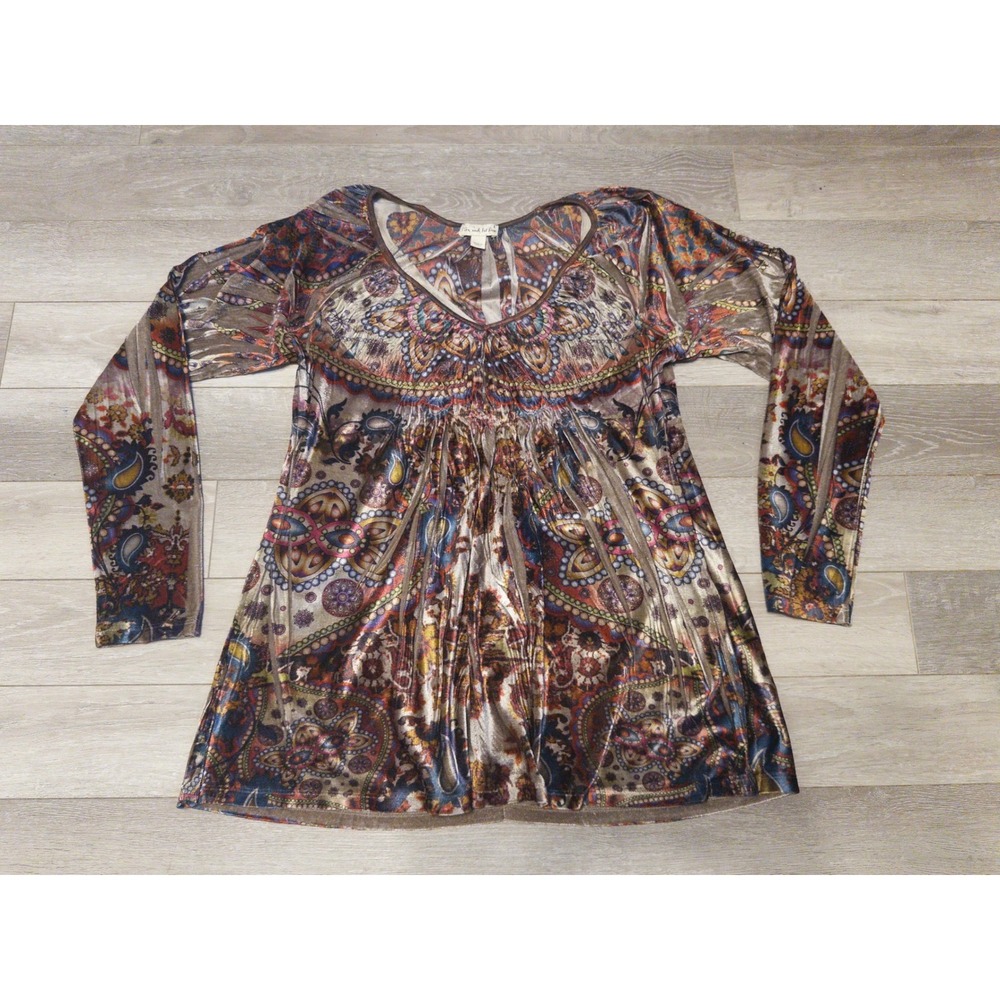 Live and‎ Let Live Tunic Womens L Paisley Velvet V Neck Empire Waist Long Sleeve